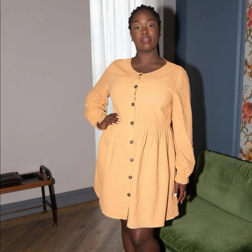 Plus Button Front Flounce Sleeve Smock Dress